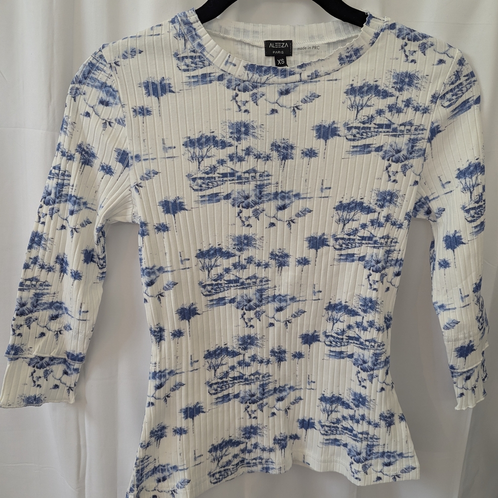 Aleeza Paris ABBY DOLMAN PALM Blue and White Patterned 3/4 Sleeve Top XS